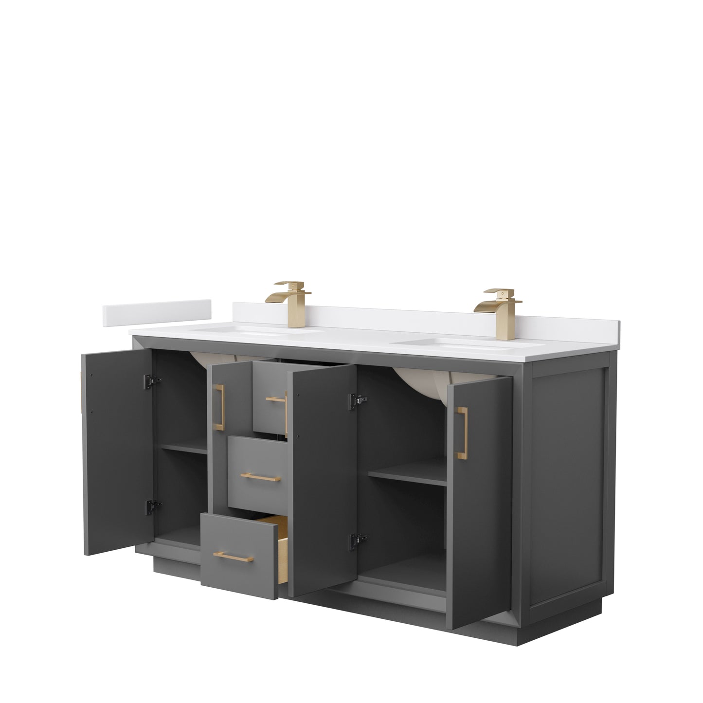 Strada 66" Double Vanity in Gray, White  Marble Top, Sink, Bronze Trim