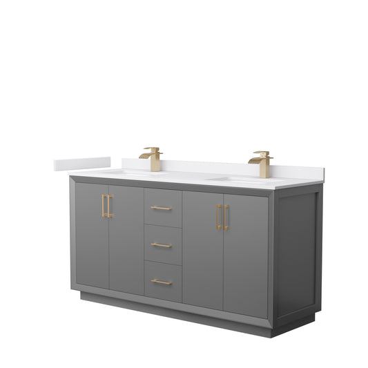 Strada 66" Double Vanity in Gray, White  Marble Top, Sink, Bronze Trim