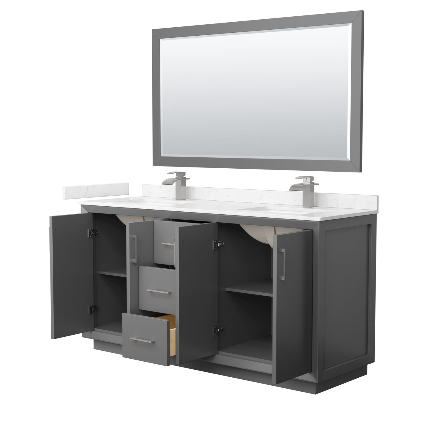 Strada 66" Gray Double Vanity, Carrara Marble Top, Sink, Nickel Trim, 58" Mirror