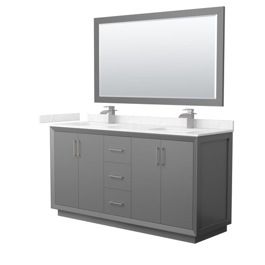 Strada 66" Gray Double Vanity, Carrara Marble Top, Sink, Nickel Trim, 58" Mirror