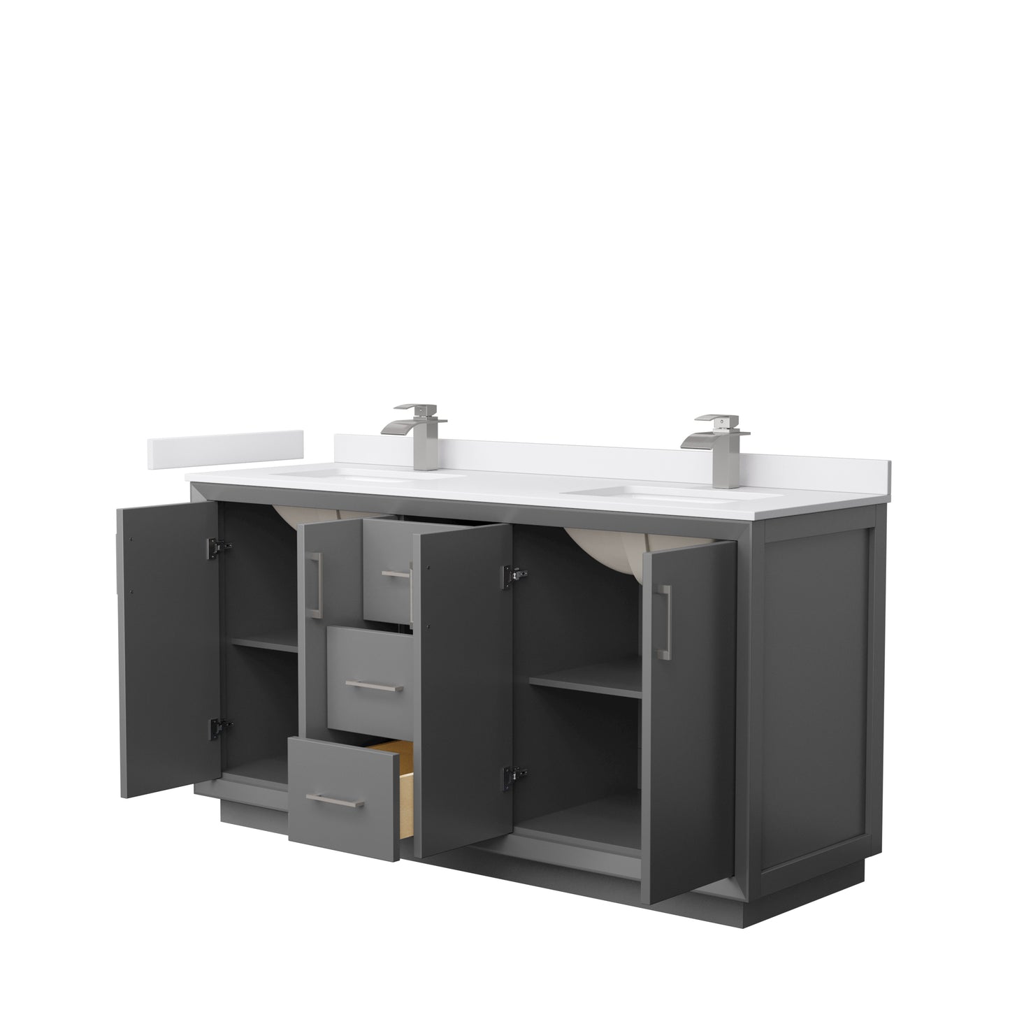 Strada 66" Double Vanity in Gray, White  Marble Top, Sink, Nickel Trim