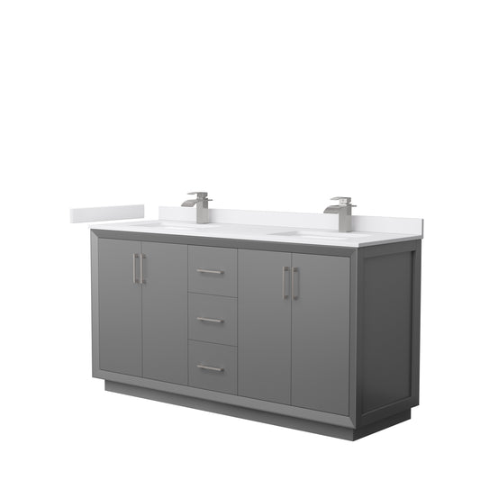 Strada 66" Double Vanity in Gray, White  Marble Top, Sink, Nickel Trim