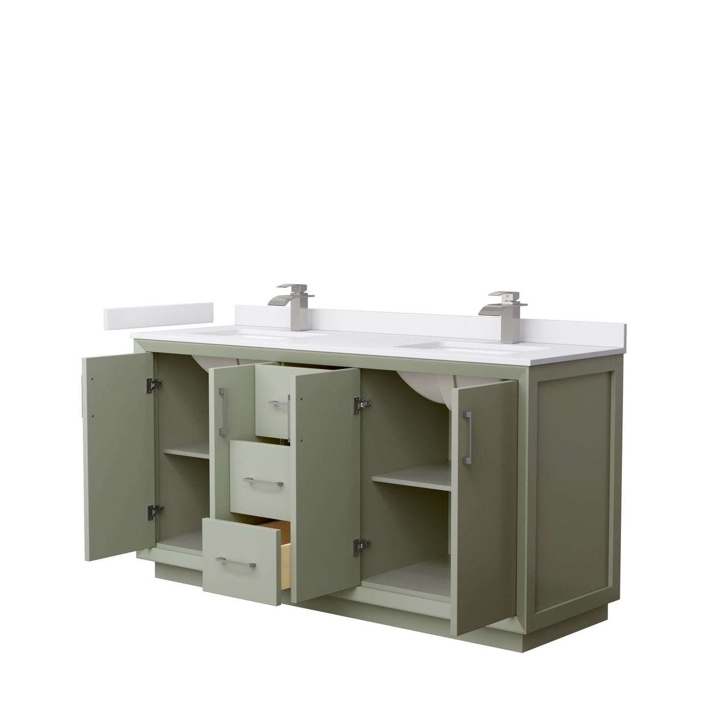 Strada 66" Double Vanity in Green, White  Marble Top, Sinks, Nickel Trim