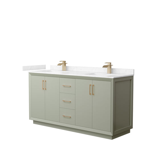 Strada 66" Double Vanity in Green, Carrara  Marble Top, Sinks, Bronze Trim