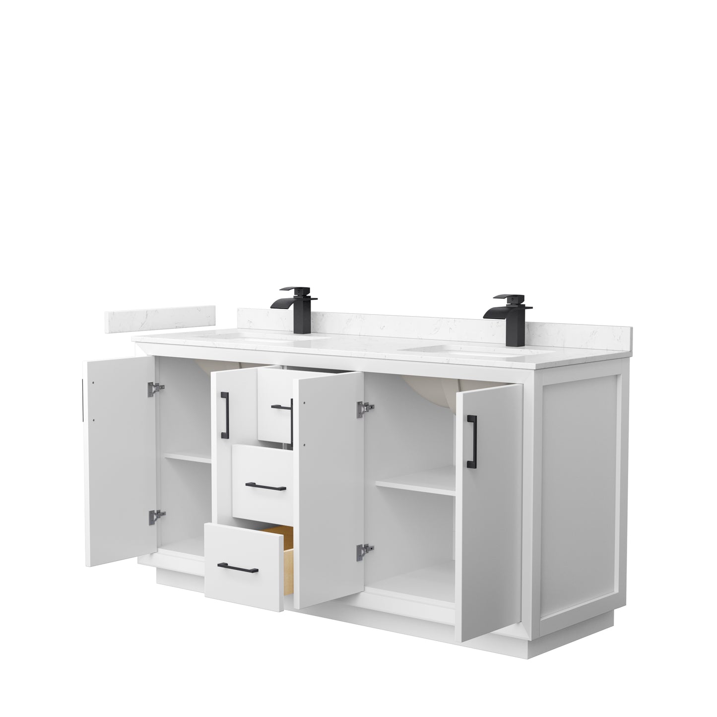 Strada 66" Double Vanity in White, Carrara  Marble Top, Sink, Black Trim