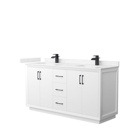 Strada 66" Double Vanity in White, Carrara  Marble Top, Sink, Black Trim