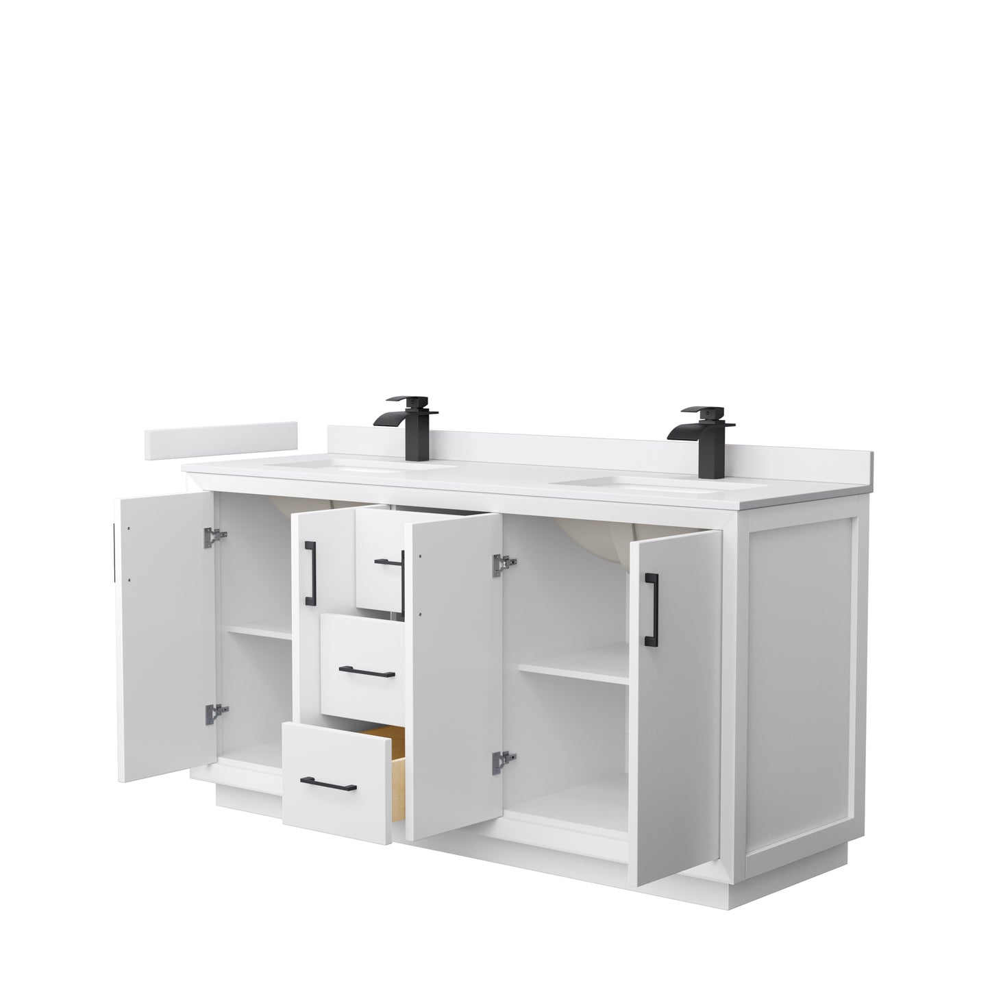 Strada 66" Double Vanity in White, White  Marble Top, Sink, Black Trim