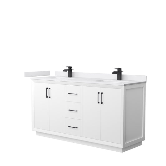 Strada 66" Double Vanity in White, White  Marble Top, Sink, Black Trim