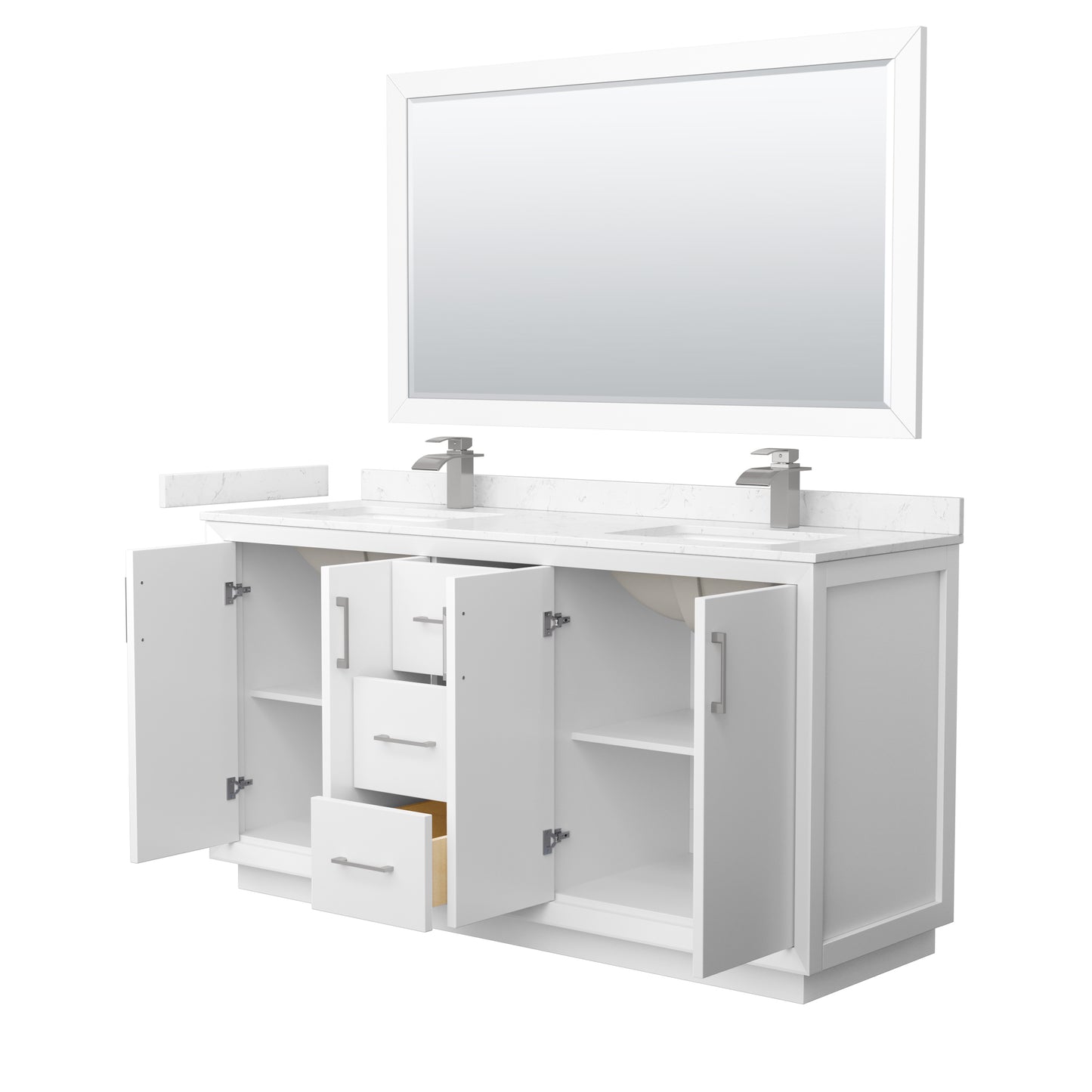 Strada 66" White Double Vanity, Marble Top, Sink, Nickel Trim, 58" Mirror