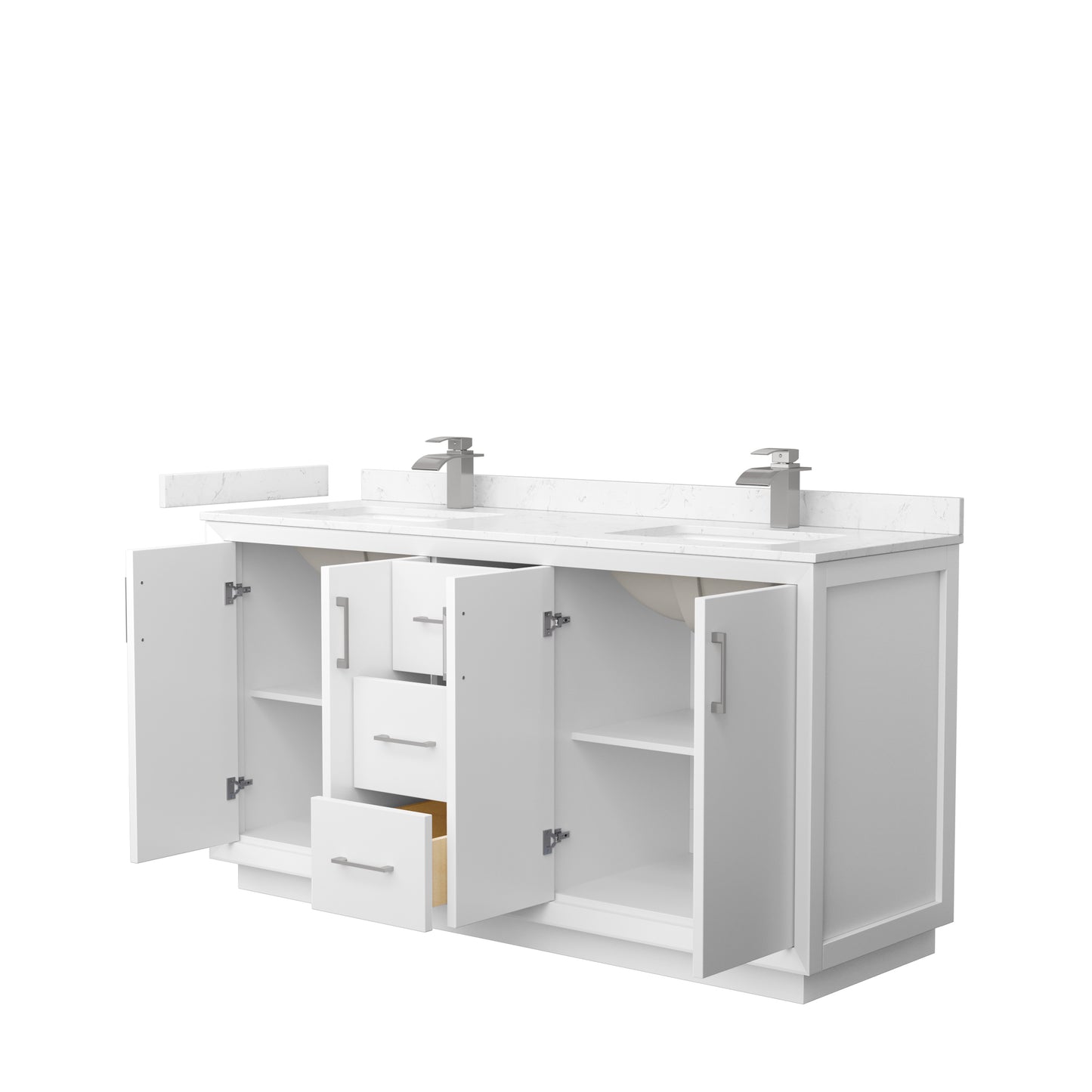 Strada 66" Double Vanity in White, Carrara  Marble Top, Sink, Nickel Trim