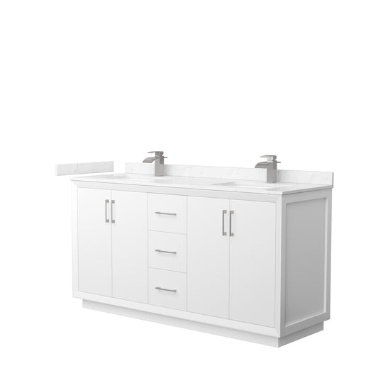 Strada 66" Double Vanity in White, Carrara  Marble Top, Sink, Nickel Trim
