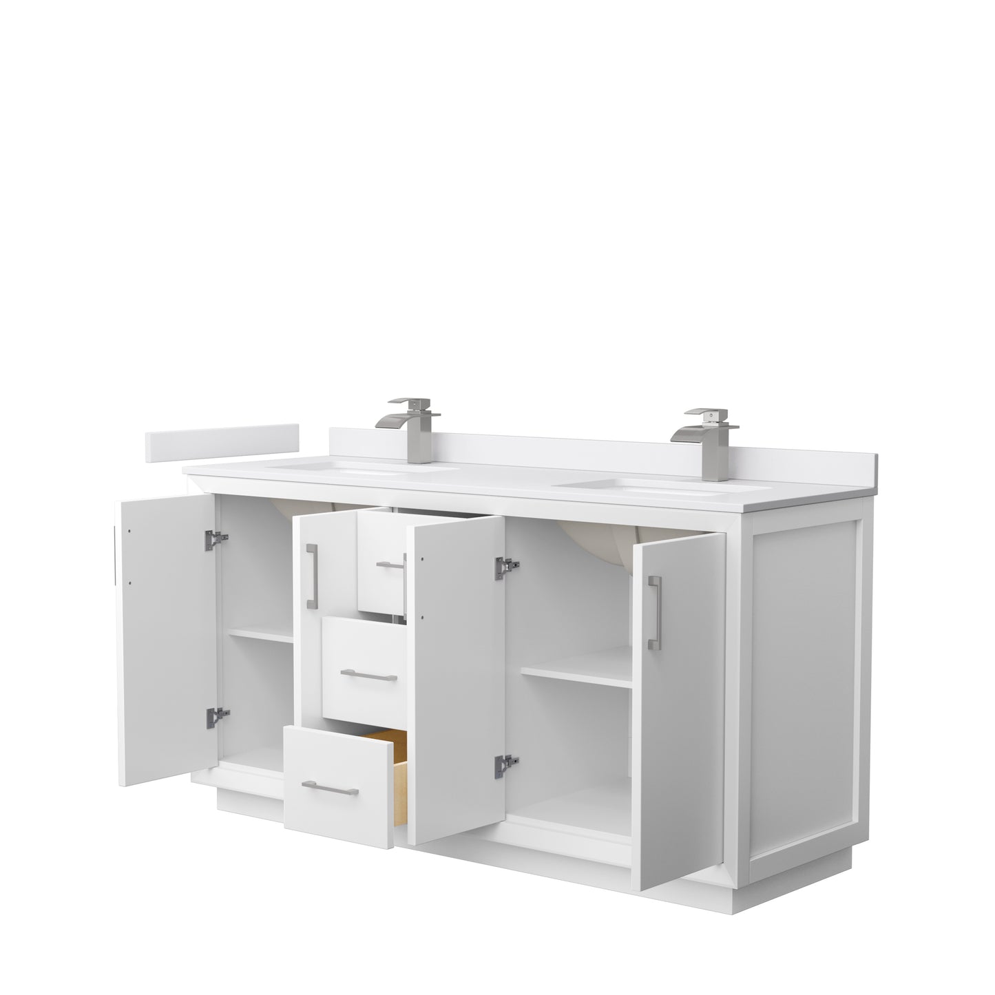 Strada 66" Double Vanity in White, White  Marble Top, Sink, Nickel Trim