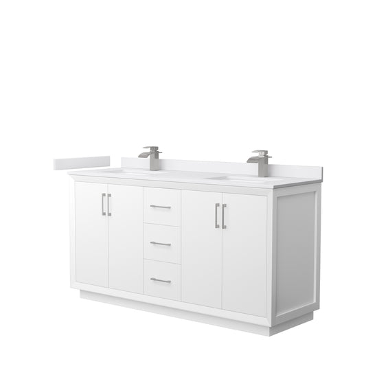 Strada 66" Double Vanity in White, White  Marble Top, Sink, Nickel Trim