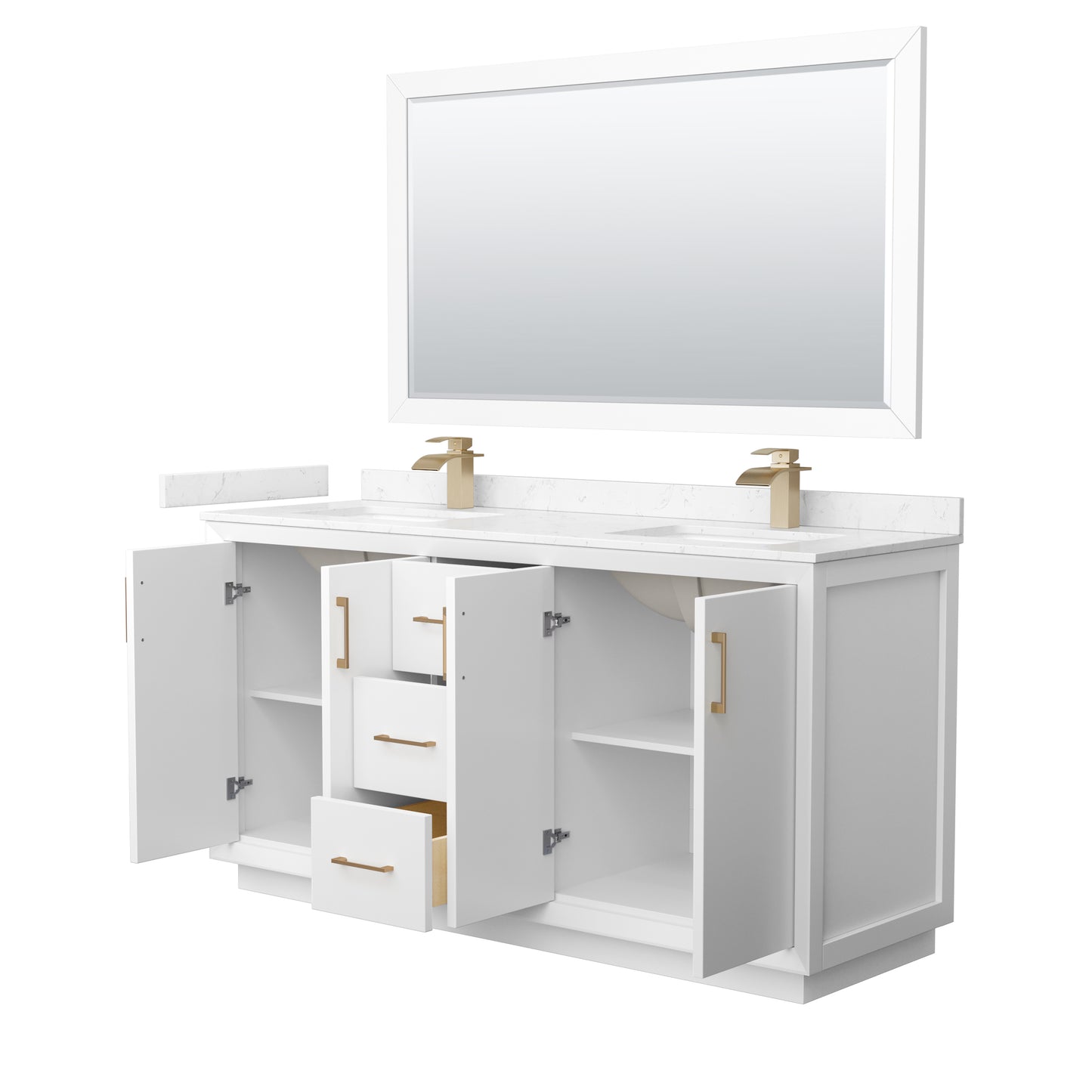 Strada 66" White Double Vanity, Marble Top, Sink, Bronze Trim, 58" Mirror