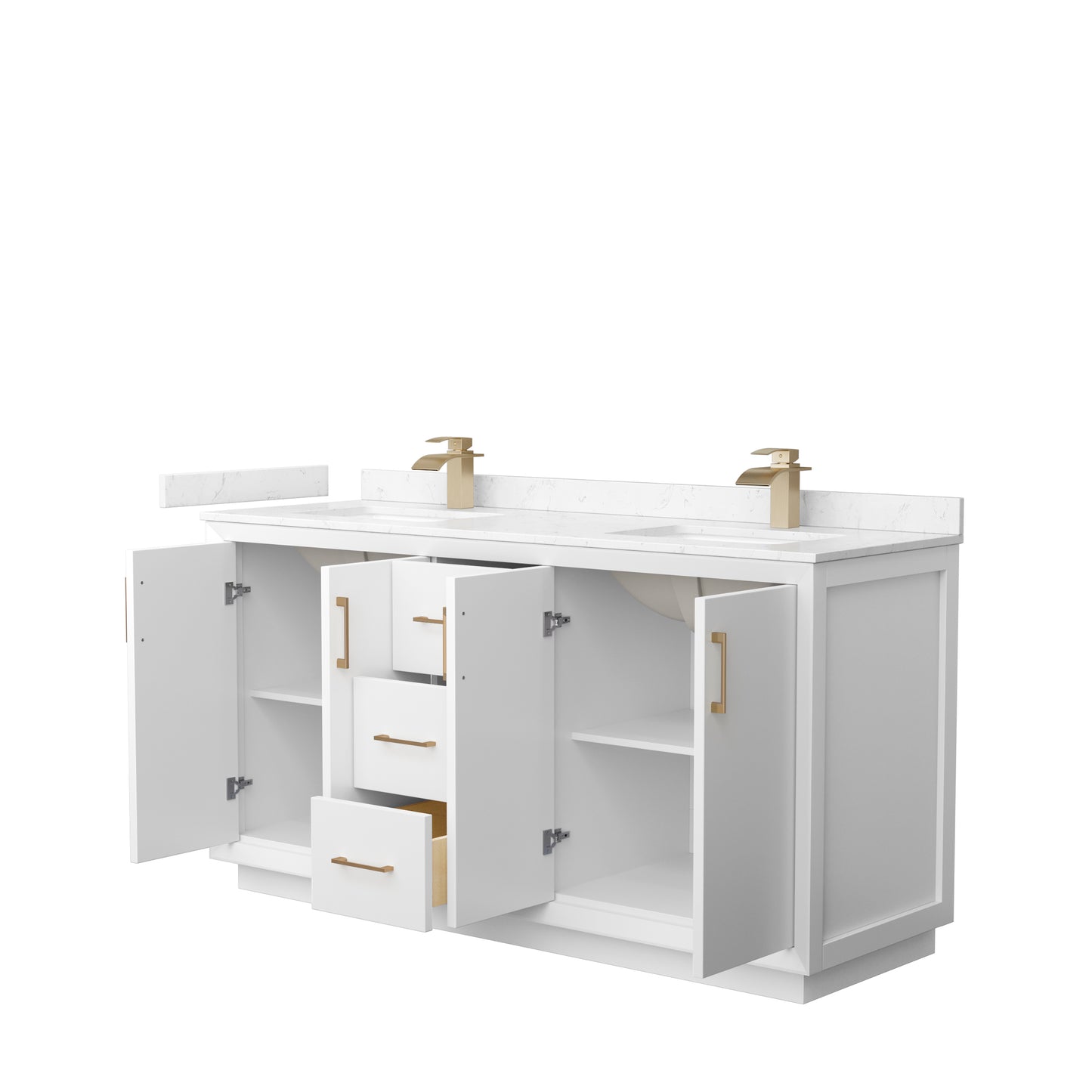 Strada 66" Double Vanity in White, Carrara  Marble Top, Sink, Bronze Trim