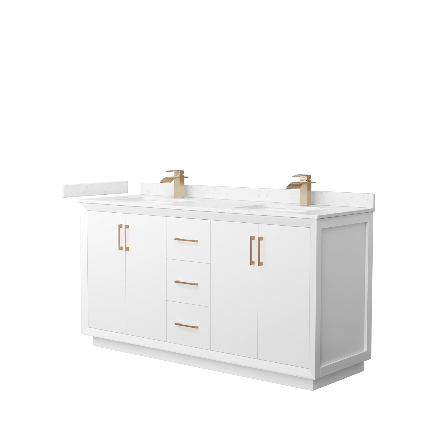 Strada 66" Double Vanity in White, Carrara  Marble Top, Sink, Bronze Trim