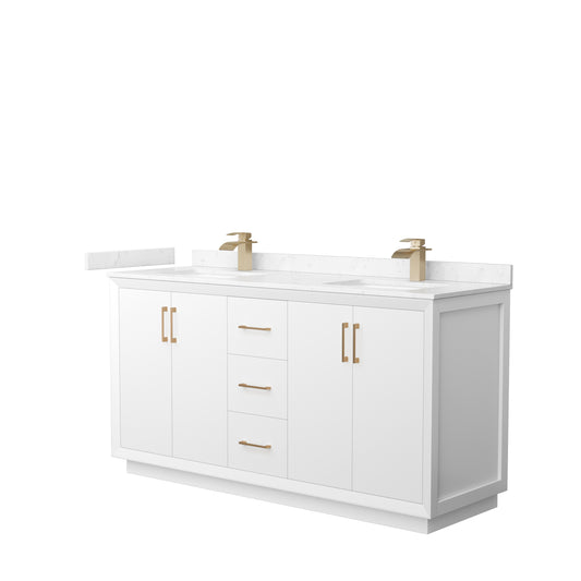 Strada 66" Double Vanity in White, Carrara  Marble Top, Sink, Bronze Trim