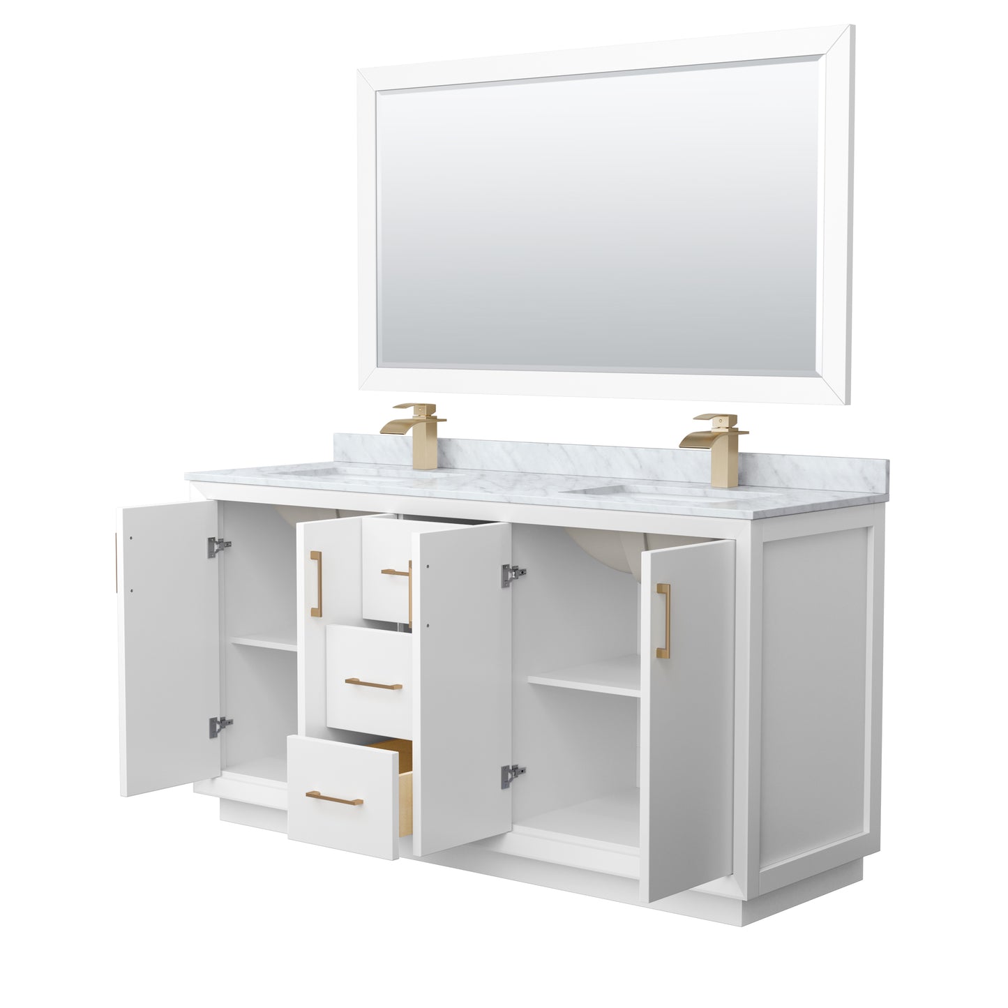 Strada 66" Double Vanity in White, Marble Top, Sink, Bronze Trim, 58" Mirror