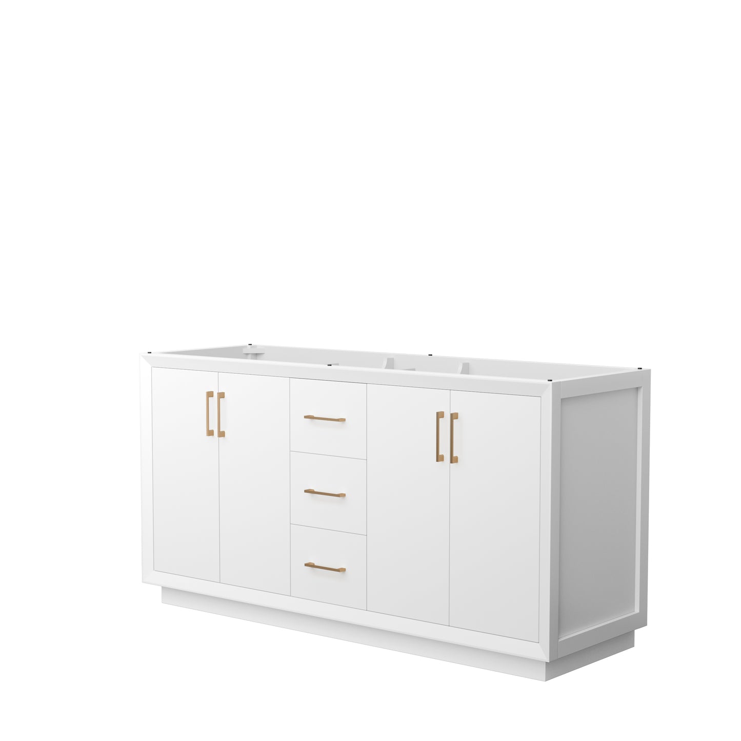 Strada 66 Inch Double Vanity in White, No Countertop, Satin Bronze Trim