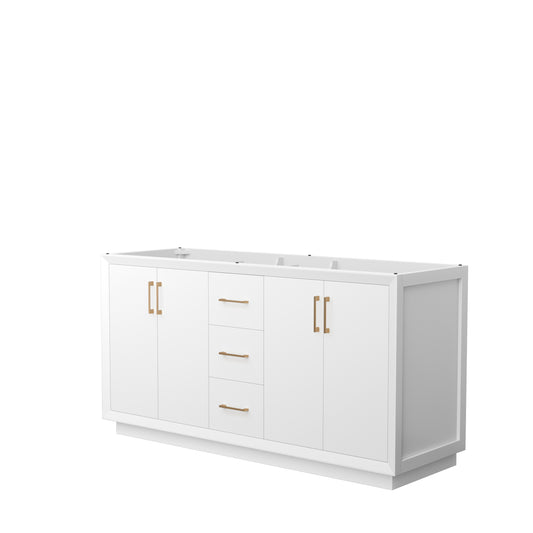 Strada 66 Inch Double Vanity in White, No Countertop, Satin Bronze Trim
