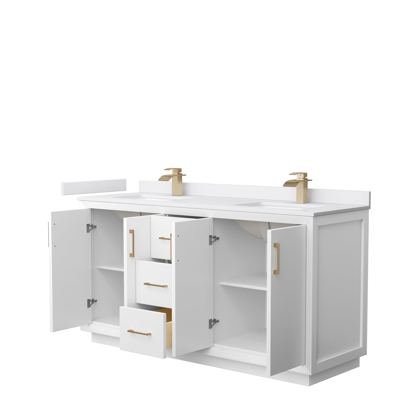Strada 66" Double Vanity in White, White  Marble Top, Sink, Bronze Trim