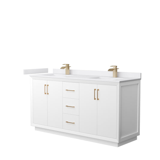Strada 66" Double Vanity in White, White  Marble Top, Sink, Bronze Trim