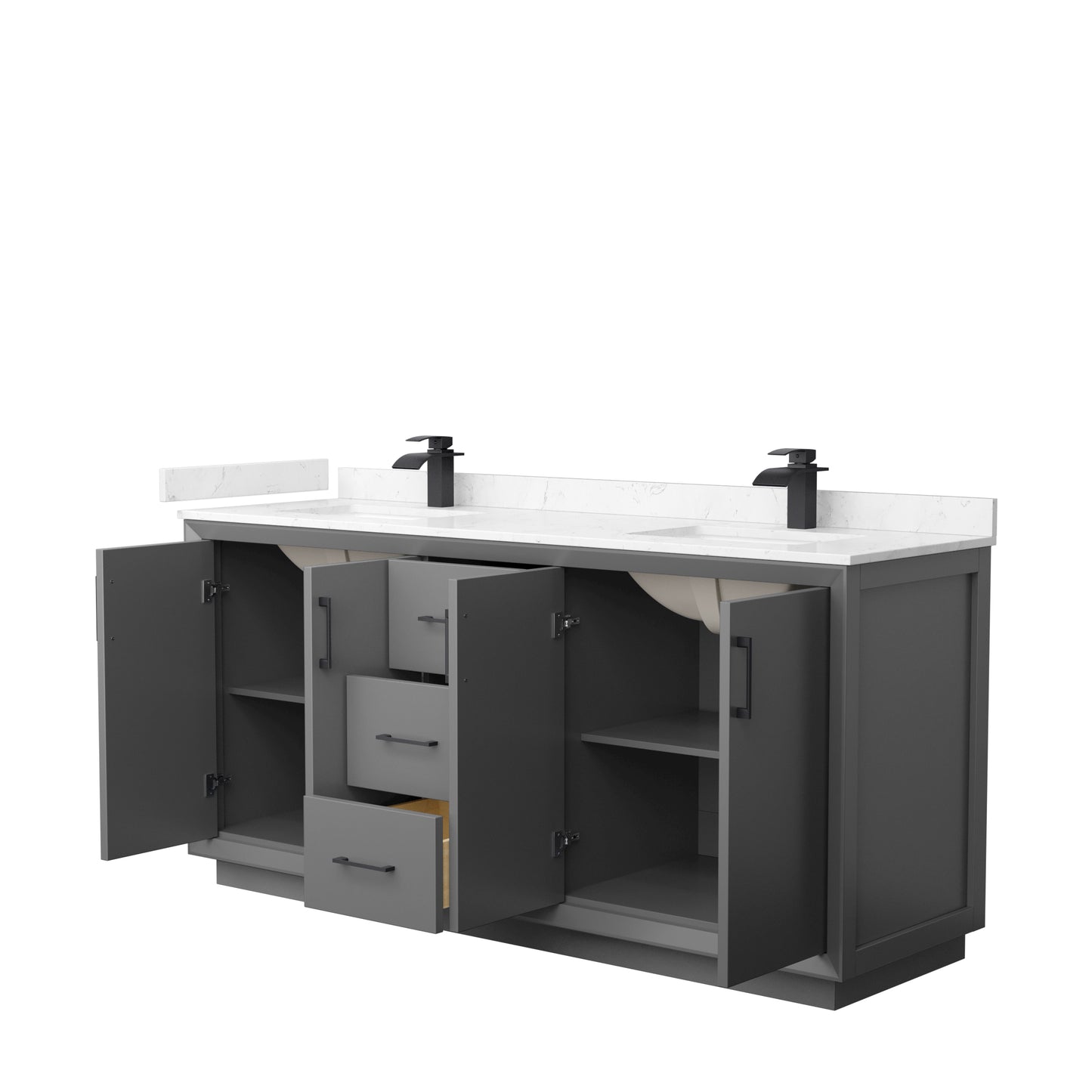 Strada 72" Double Vanity in Gray, Carrara  Marble Top, Sink, Black Trim