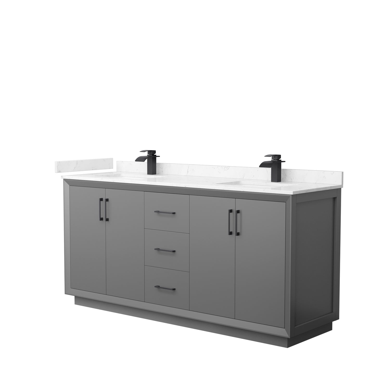 Strada 72" Double Vanity in Gray, Carrara  Marble Top, Sink, Black Trim
