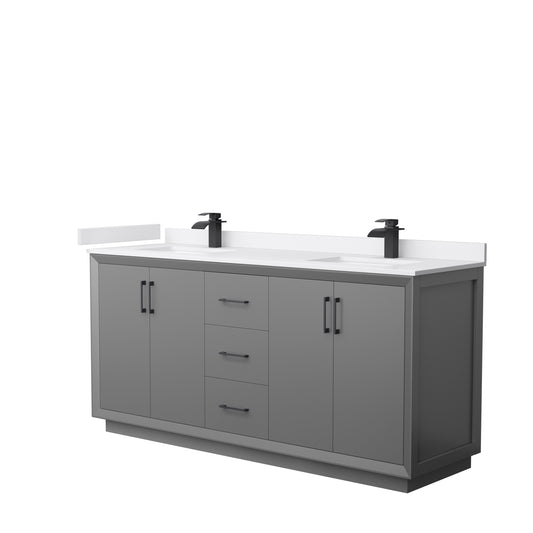 Strada 72" Double Vanity in Gray, White  Marble Top, Sink, Black Trim