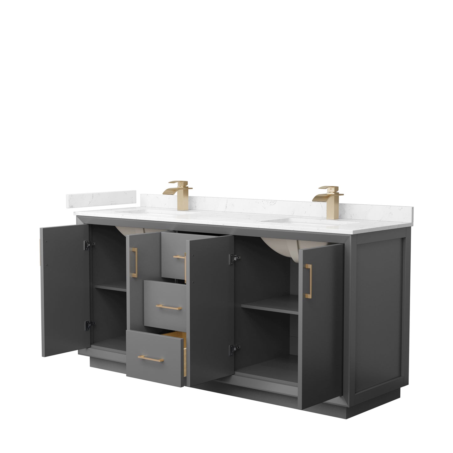 Strada 72" Double Vanity in Gray, Carrara  Marble Top, Sink, Bronze Trim