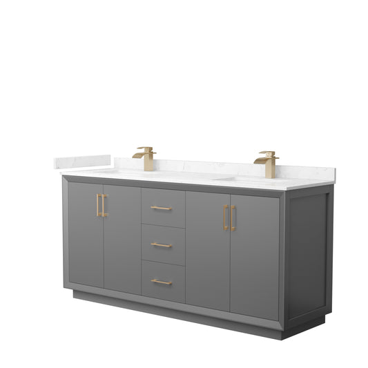 Strada 72" Double Vanity in Gray, Carrara  Marble Top, Sink, Bronze Trim