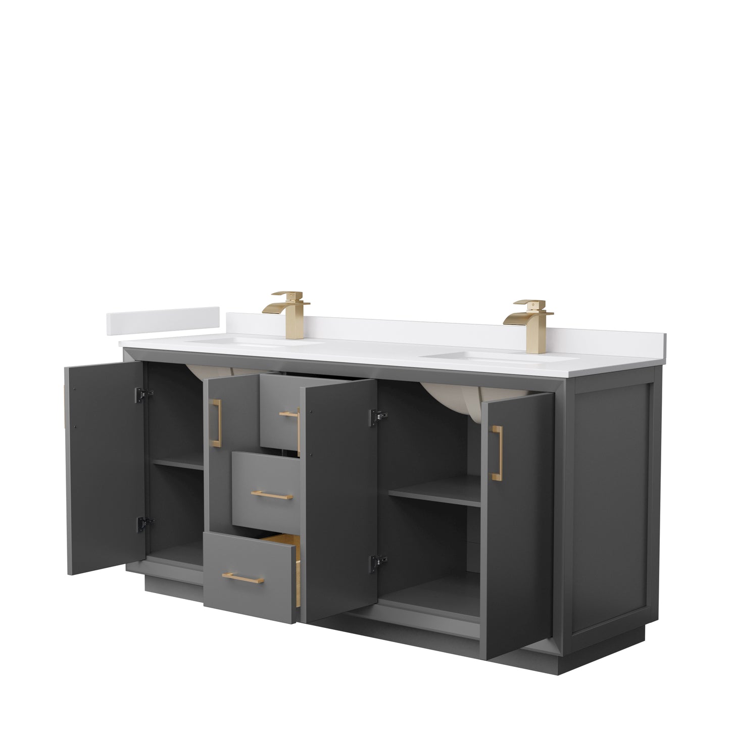 Strada 72" Double Vanity in Gray, White  Marble Top, Sink, Bronze Trim