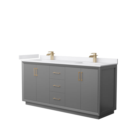 Strada 72" Double Vanity in Gray, White  Marble Top, Sink, Bronze Trim