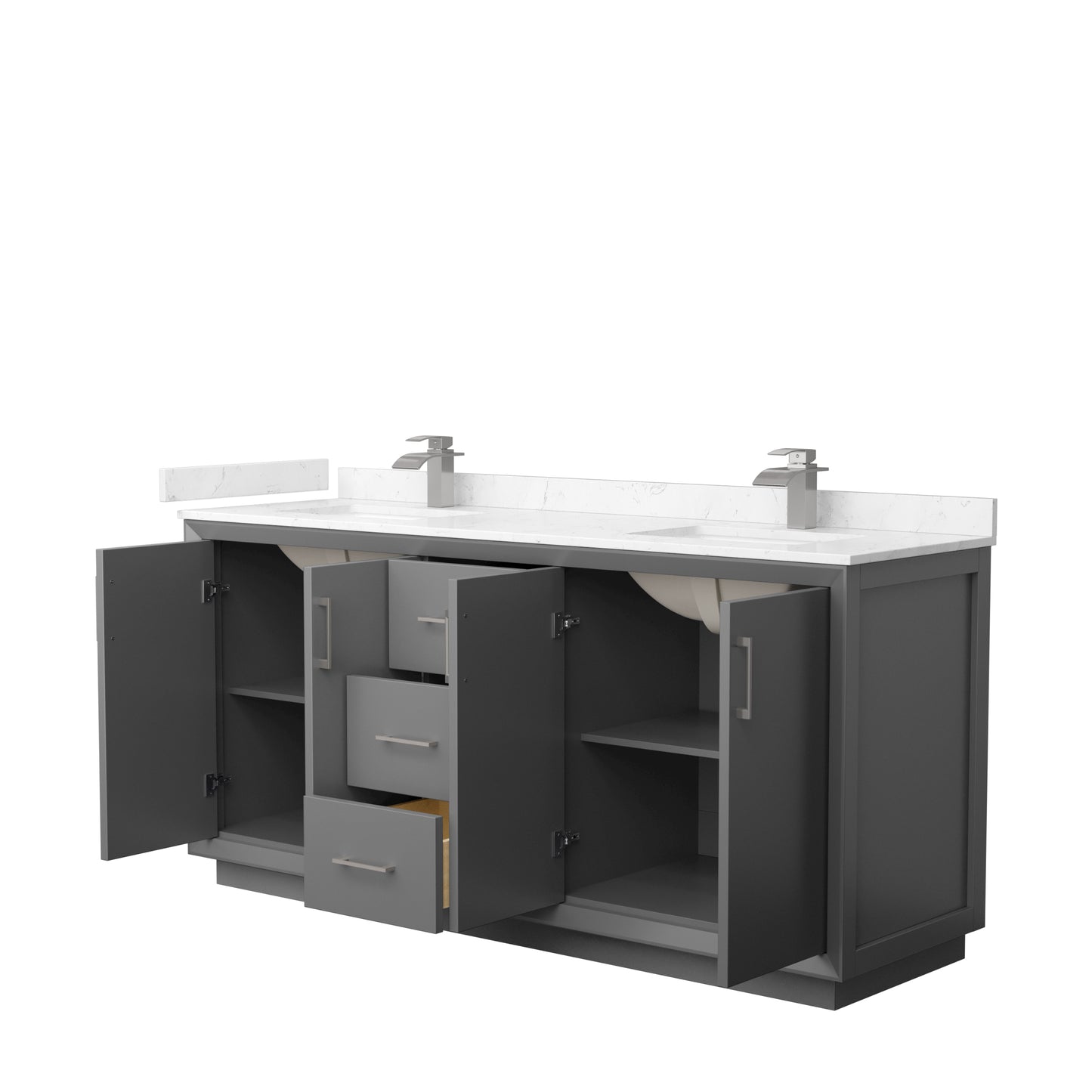 Strada 72" Double Vanity in Gray, Carrara  Marble Top, Sink, Nickel Trim