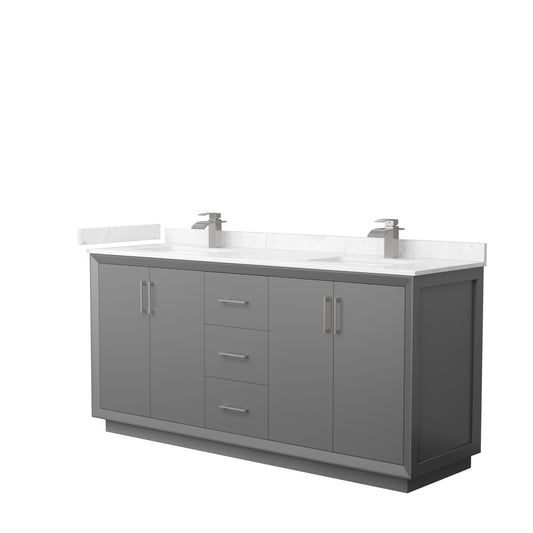 Strada 72" Double Vanity in Gray, Carrara  Marble Top, Sink, Nickel Trim