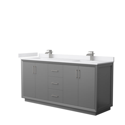 Strada 72" Double Vanity in Gray, White  Marble Top, Sink, Nickel Trim