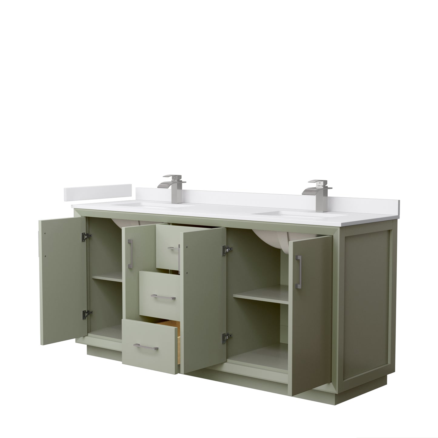 Strada 72" Double Vanity in Green, White  Marble Top, Sinks, Nickel Trim