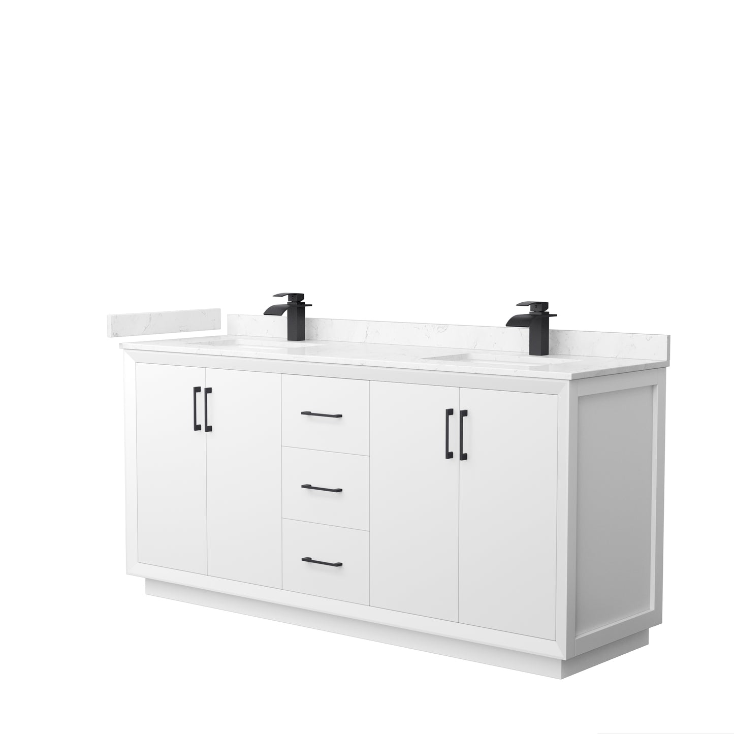 Strada 72" Double Vanity in White, Carrara  Marble Top, Sink, Black Trim