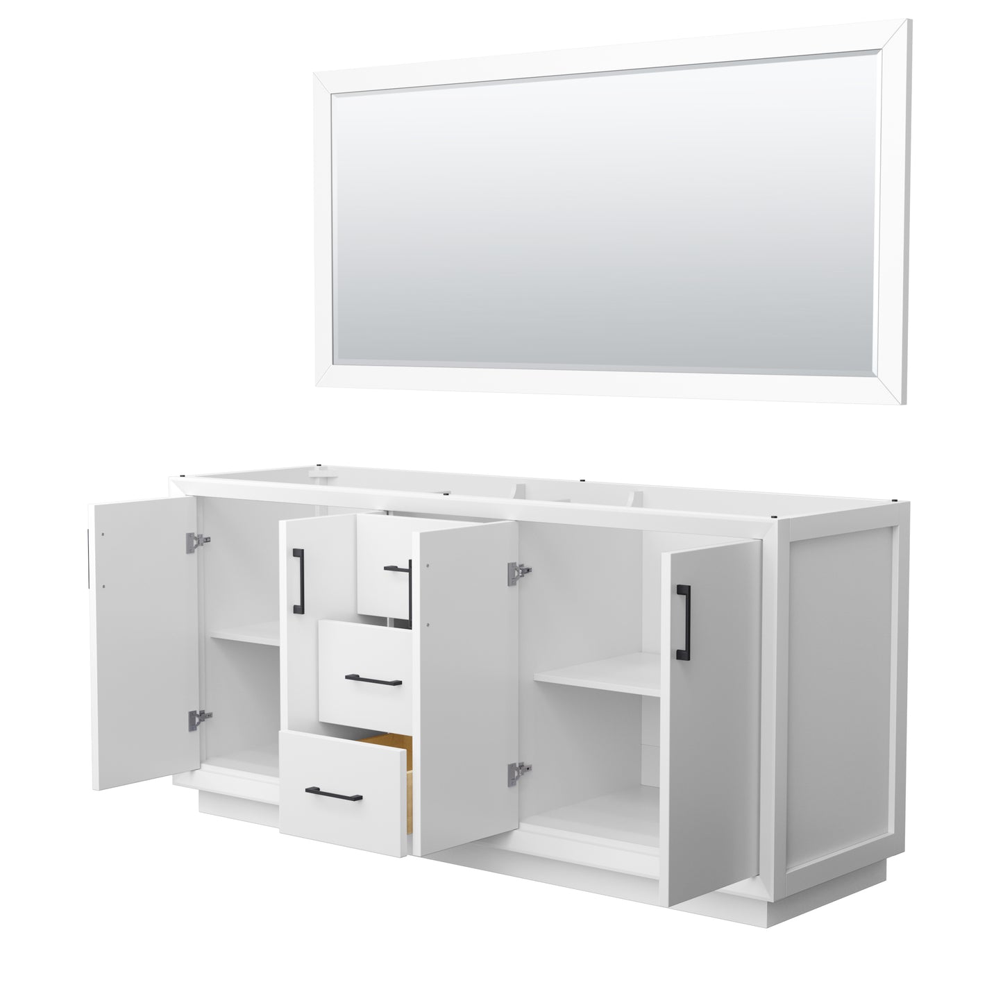 Strada 72 Inch Double Vanity in White, Matte Black Trim, 70 Inch Mirror