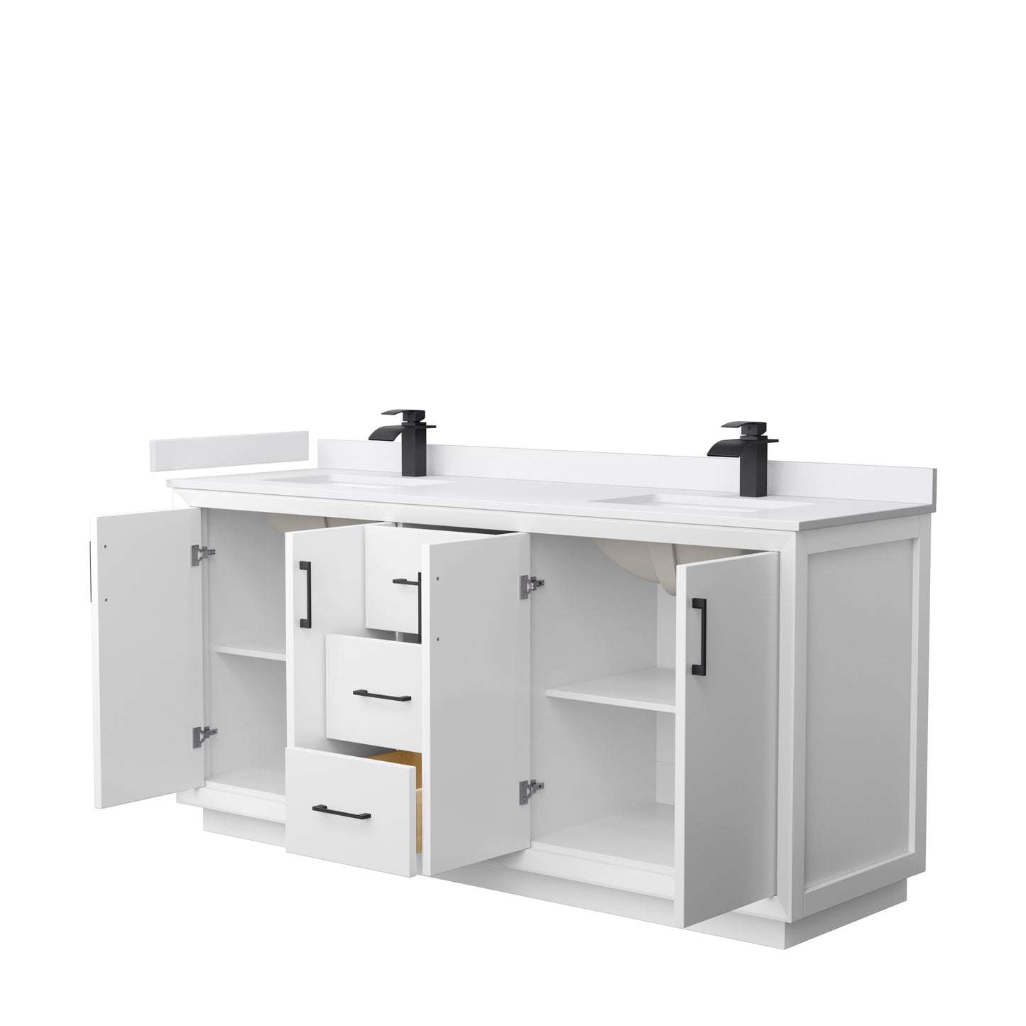 Strada 72" Double Vanity in White, White  Marble Top, Sink, Black Trim