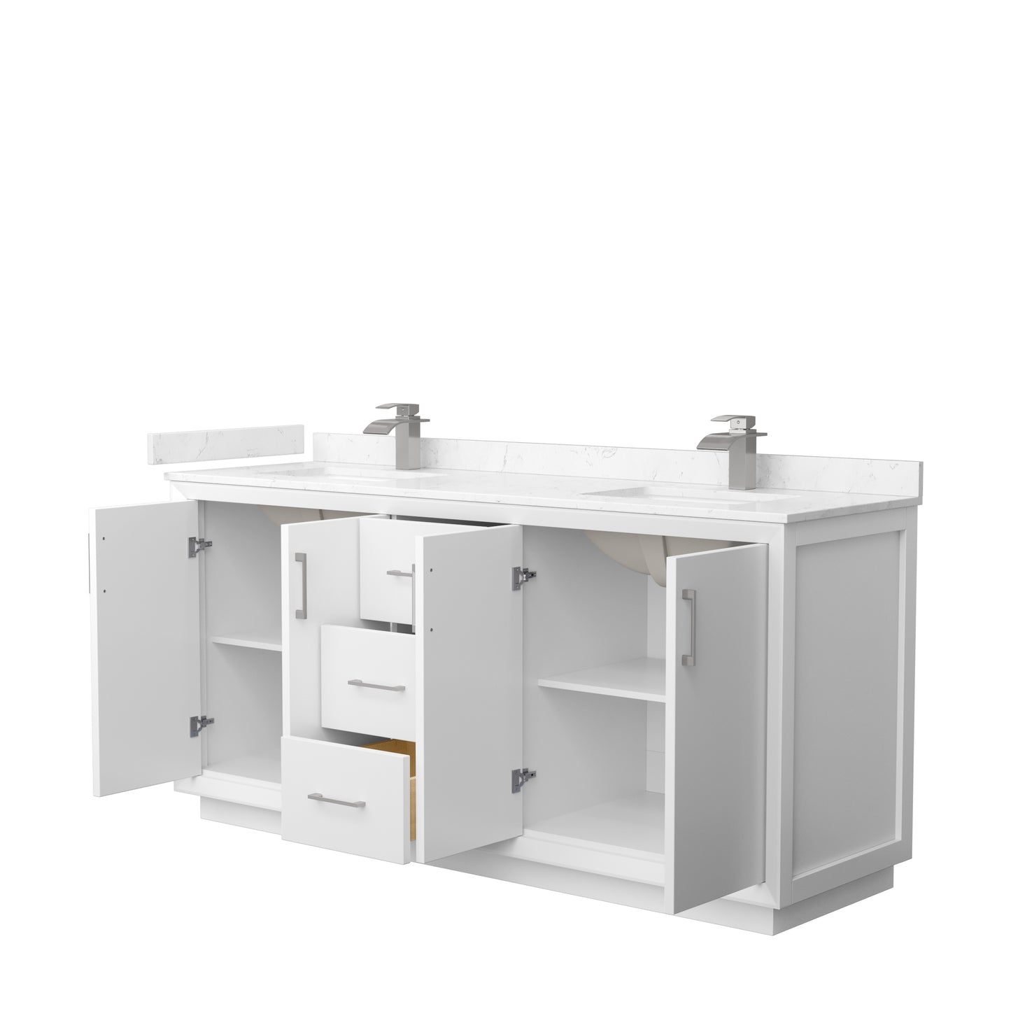 Strada 72" Double Vanity in White, Carrara  Marble Top, Sink, Nickel Trim