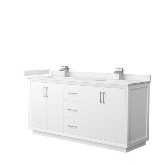 Strada 72" Double Vanity in White, White  Marble Top, Sink, Nickel Trim