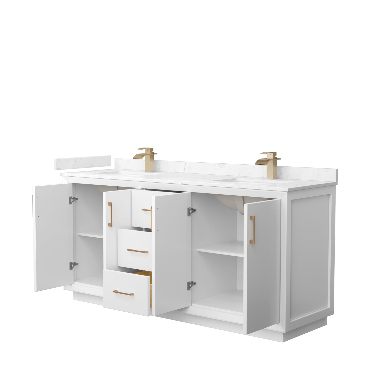 Strada 72" Double Vanity in White, Carrara  Marble Top, Sink, Bronze Trim