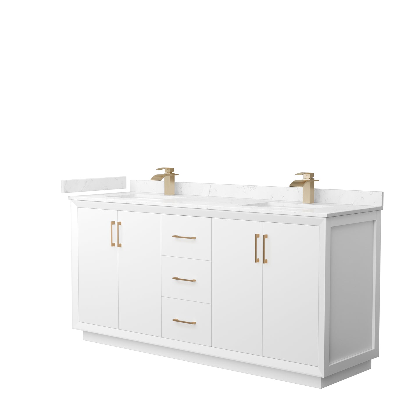 Strada 72" Double Vanity in White, Carrara  Marble Top, Sink, Bronze Trim