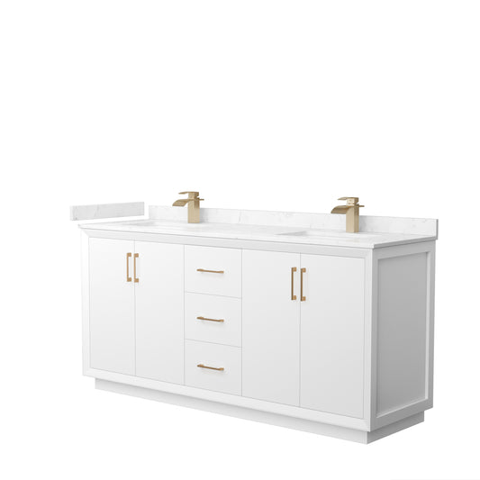 Strada 72" Double Vanity in White, Carrara  Marble Top, Sink, Bronze Trim
