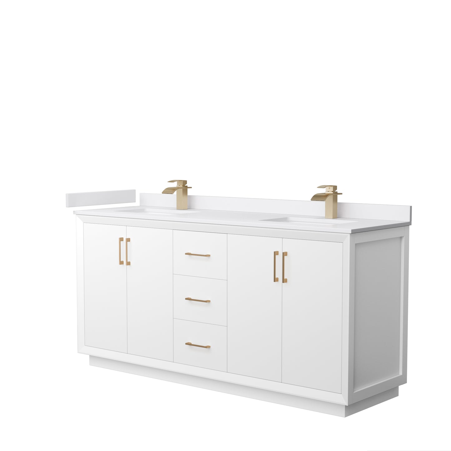 Strada 72" Double Vanity in White, White  Marble Top, Sink, Bronze Trim