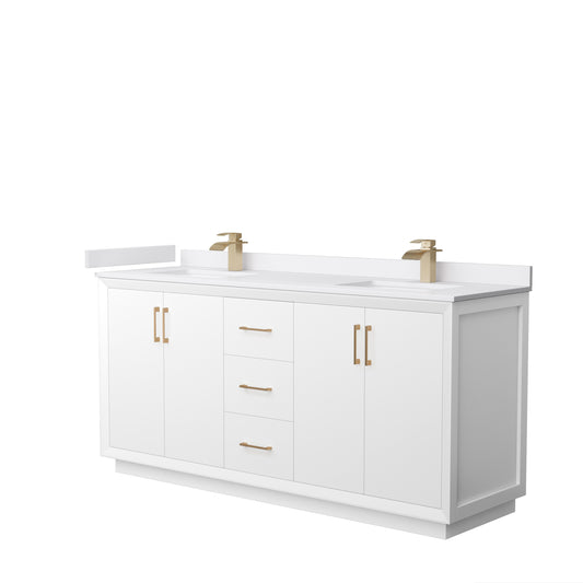 Strada 72" Double Vanity in White, White  Marble Top, Sink, Bronze Trim
