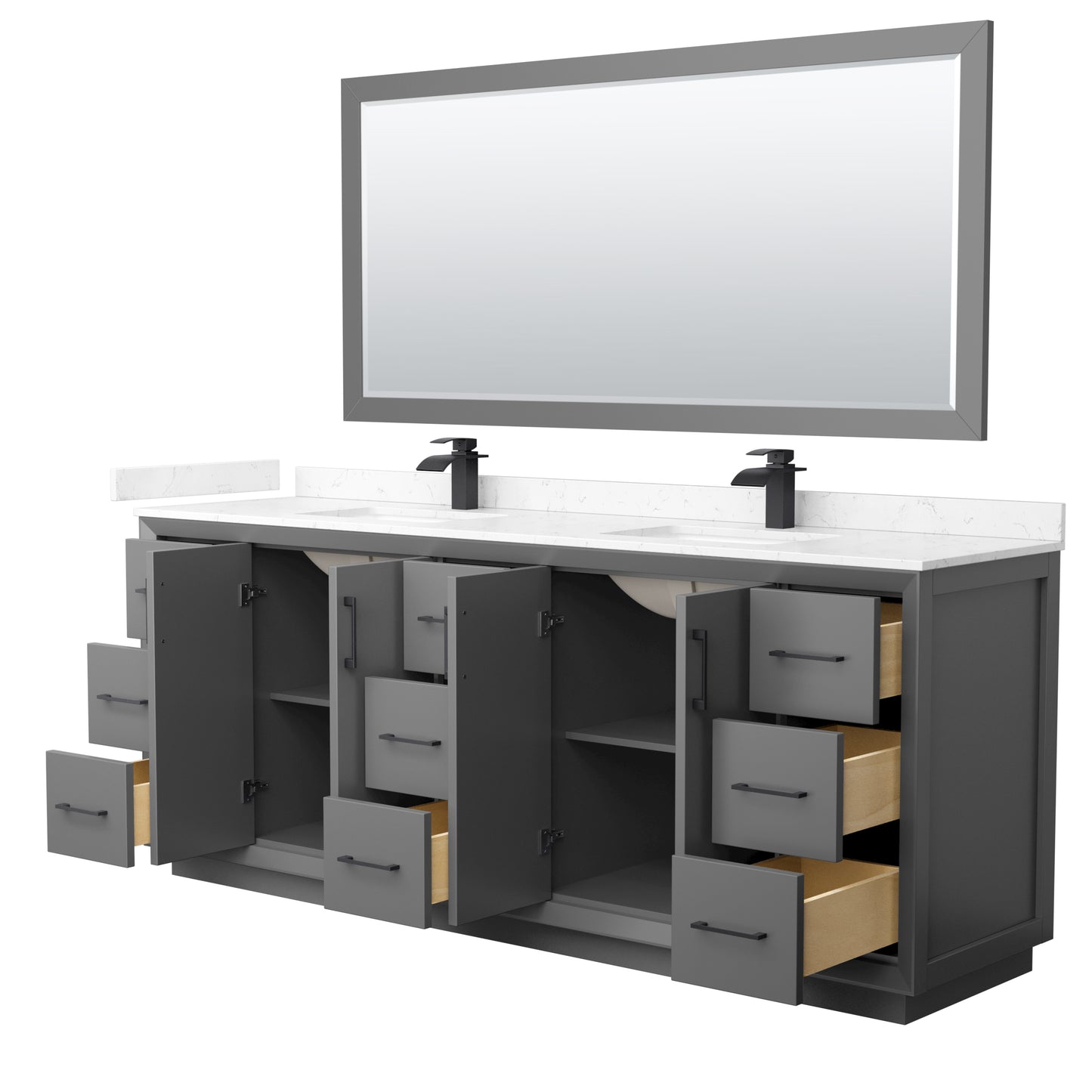 Strada 84" Gray Double Vanity, Carrara Marble Top, Sink, Black Trim, 70" Mirror