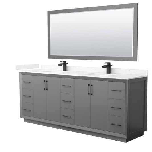 Strada 84" Gray Double Vanity, Carrara Marble Top, Sink, Black Trim, 70" Mirror