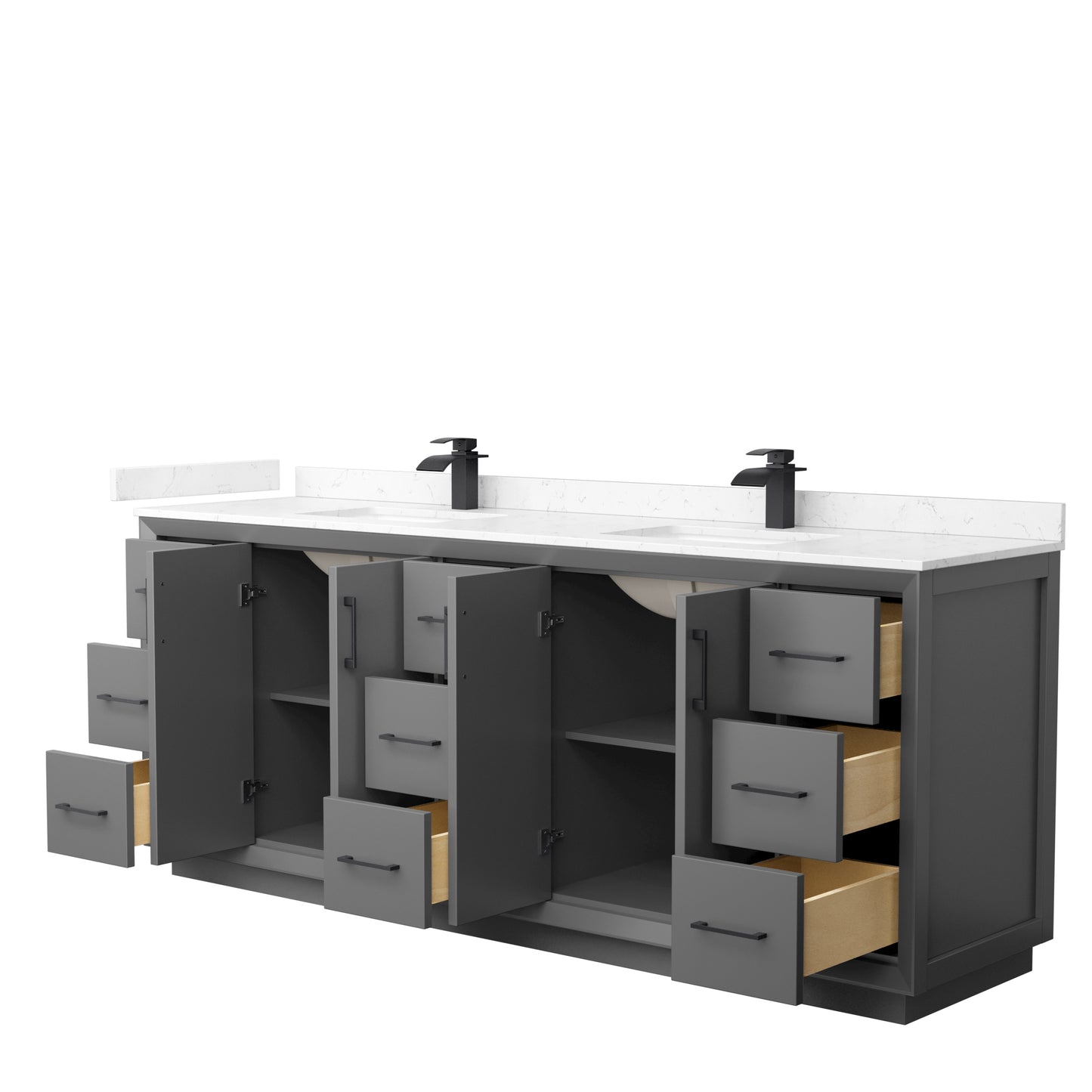 Strada 84" Double Vanity in Gray, Carrara  Marble Top, Sink, Black Trim